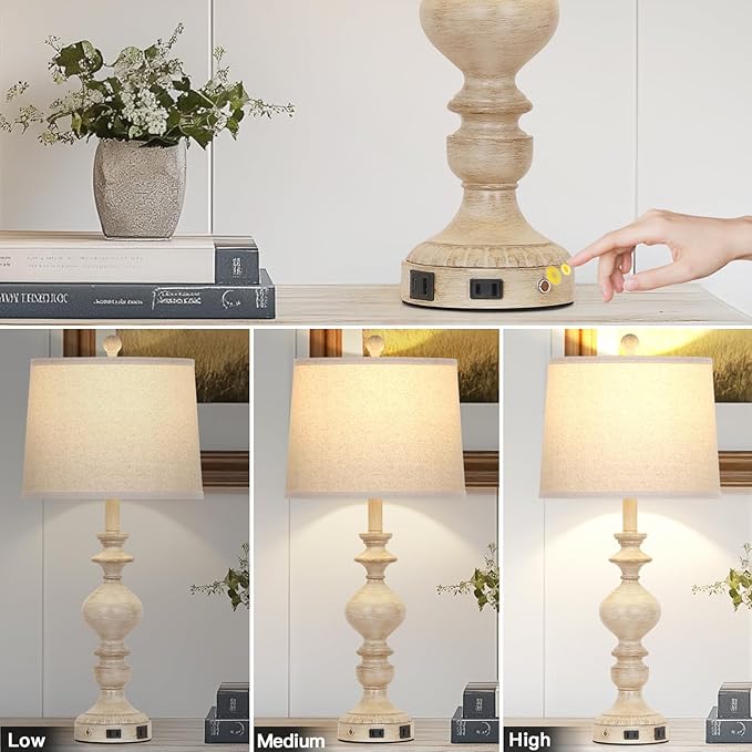 28" Farmhouse Table Lamps Set of 2, Rustic Lamp for Living Room with USB C+A Ports & AC Outlet, 3 Way Touch Control Resin Bedside Lamps, Retro Bedroom Lamp for Nightstand Side End Table Desk, Beige - Bloomnest