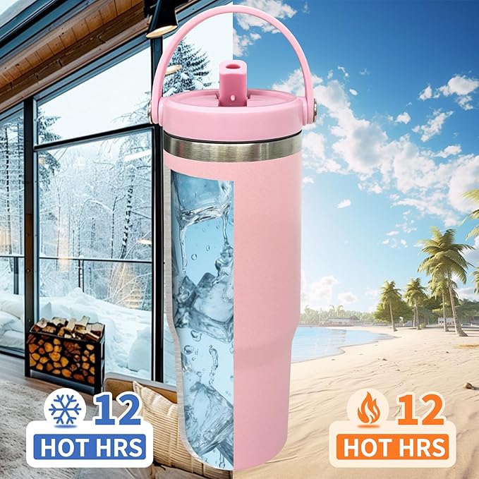 30 oz Tumbler with Top Handle, Double Wall Vacuum Insulated Tumbler with Flip Straw, Travel Coffee Mug 30oz Powder Coated Cup for Laser Engraving (Pink,1 pack)