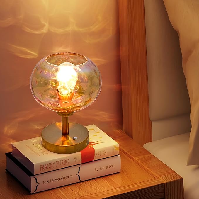 Touch Control Hammered Glass Table Lamp Brass Gold Portable Dimmable Brightness Small Nightstand Light 3-Way Stepless Dimming Bedside Bedroom Living Room (Colorful Amber Glass & Gold) - Bloomnest