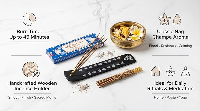 Wooden Holder with Nag Champa 250 GMS Incense Gift Set with Wooden Holder Hand-Rolled Agarbatti | Long-Lasting Floral Aroma for Pooja, Meditation & Home Fragrance Guruji+Divinity