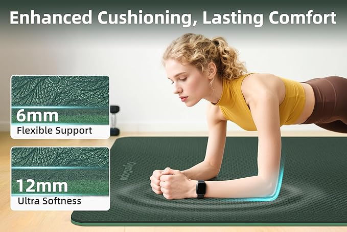 Thick TPE Yoga Mat 72"x48" - 6/8/10/12mm Extra Cushion for Joint Support & Comfort, Non-Slip Texture, Durable & Waterproof, Includes Bag, Strap & Towel for Home Workout, Pilates & Yoga