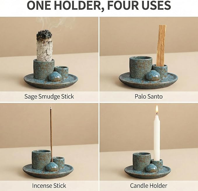 Palo Santo Sticks Holder, Multi-Purpose Handmade Ceramic Incense Burner for Palo Santo Incense Sticks, Sage Holder for Burning, Ash Catcher Tray for Meditation Yoga Room-Light Blue ToolSentryX