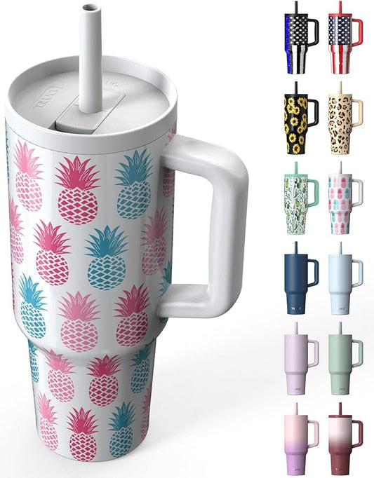 TILUCK 40 oz Tumbler with Handle, Vacuum Insulated Stainless Steel Travel Mug with 100% Leak-Proof Silicone Straw Lid, Cupholder Friendly Water Bottle(Pineapple, 40oz)