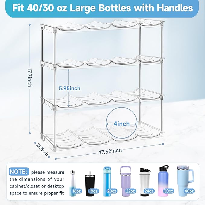 Larger Water Bottle Organizer for Stanley 40 oz Tumbler, Stackable Water Bottle Holder Rack for Cabinet, Kitchen Storage Organizer for for Stanley Cup Accessories, Tumbler Storage Holder，4 Pack Amoot