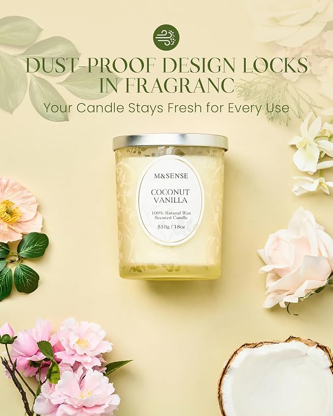 M&SENSE Coconut Vanilla Scented Candle, Cracking Wooden Wick Soy Wax, 18oz 100 Hours Long Lasting Clean Burn, Large Jar Candles for Home Decor, Non-Toxic Relaxing Aromatherapy Gifts for Women - Bloomnest