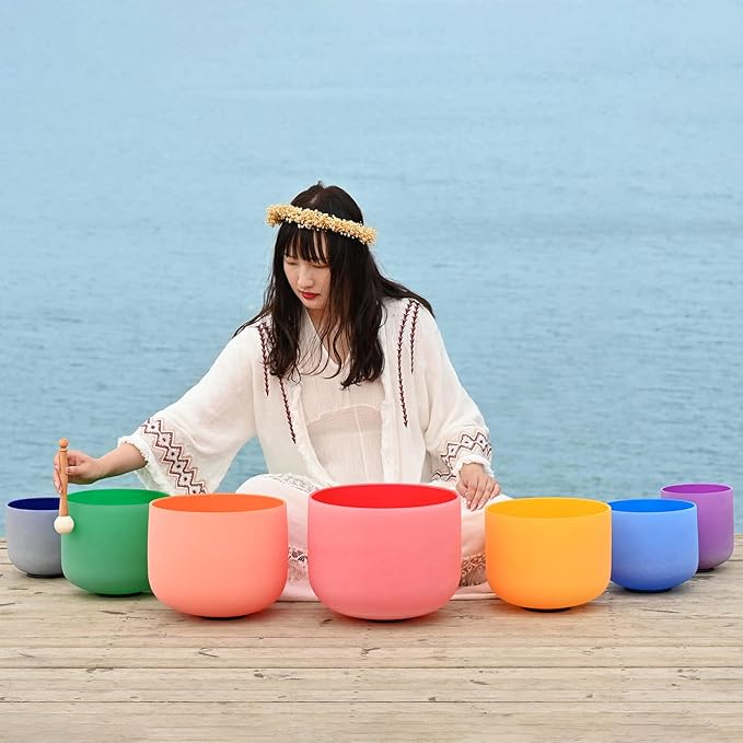432HZ 6''-12'' Set of 7 Colored Crystal Singing Bowl Set Crystal Sound Healing Frosted Chakra Quartz bowls with 2 Case Bags and Rubber Mallets - Bloomnest