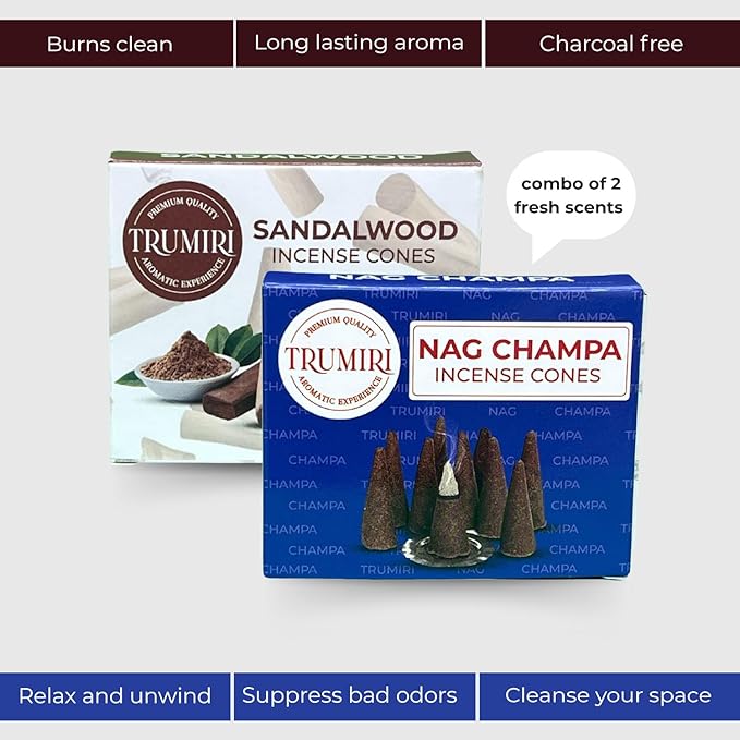 TRUMIRI Incense Cones - Combo Pack of 20 Cone Incense - 10 Nag Champa + 10 Sandalwood - Insence Cones - Incense Cones Scented - Cone Incense Scents - Insense Cones - Incent Cone TRUMIRI