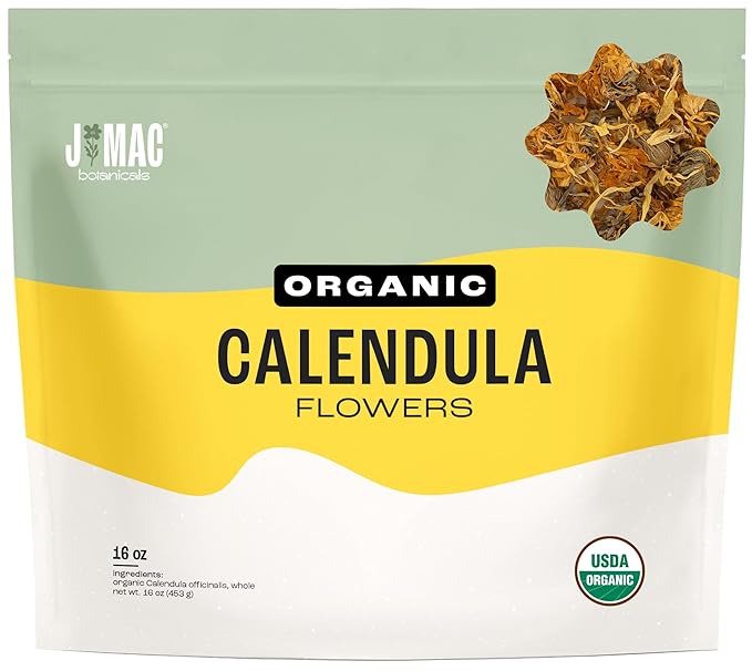 J Mac Botanicals, Organic Calendula Flower (16 ounce), whole dried flowers and petals, loose leaf tea, marigold flower, USDA Certified Organic. Great for loose leaf teas, cocktail bombs, salve - Bloomnest