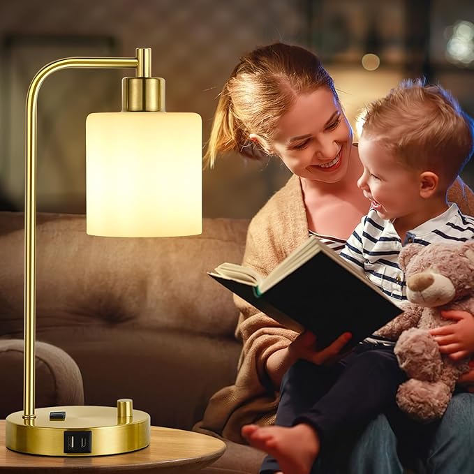 Lynnoland Set of 2 Industrial Table Lamps with USB C+A Ports and Outlet, Gold Fully Stepless Dimmable Bedside Lamps, Nightstand Lamp with Opal Glass Shade for Reading Office (2 LED Bulb) - Bloomnest