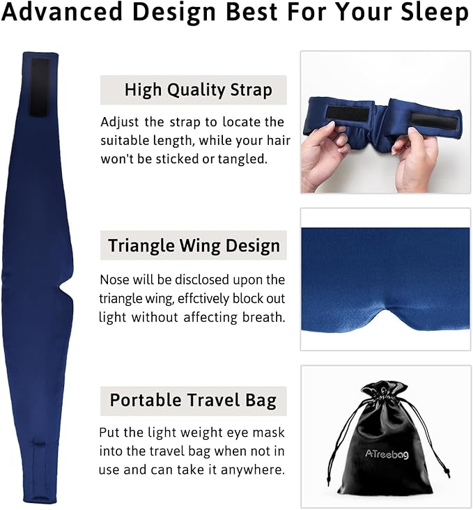 Silk Sleep Mask for Women Men Satin, ATreebag Eye Sleeping Mask & Blindfold with Adjustable Strap, Large Size, 1 PC Navy Blue - Bloomnest