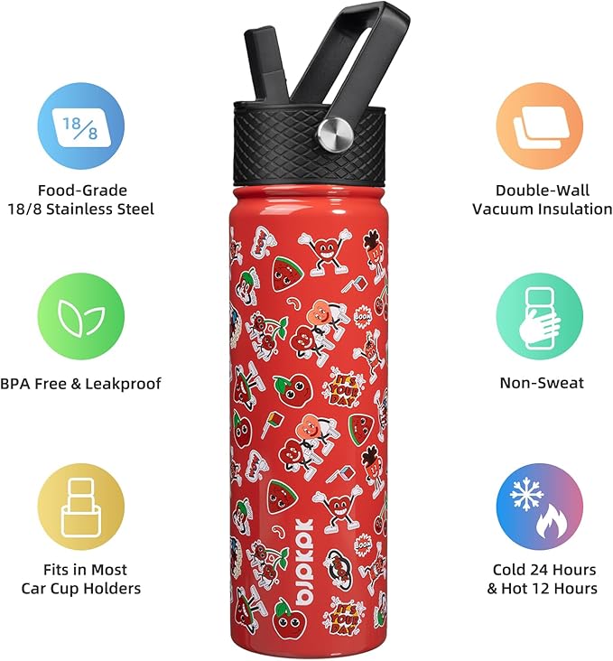 BJPKPK Insulated Water Bottle with Straw Lid, 22 oz Stainless Steel Metal Water Bottles, Reusable Leak Proof BPA Free Water Bottles, Cups, Thermo, Passionate-Red - Bloomnest