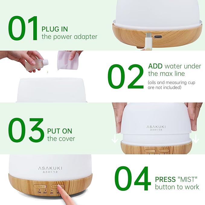 ASAKUKI Essential Oil Diffuser, 300ml Ultrasonic Aromatherapy Oil Humidifier with 7 Colors LED Lights, 2 Mist Mode for Home (Wood Grain) - Bloomnest