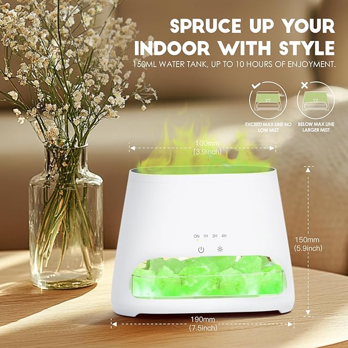 SALKING Colorful Flame Fire Diffuser Humidifier, Himalayan Salt Lamp, 7 Colors Changing Oil Diffuser, Ultra-Quiet Essential Oils Aromatherapy Diffusers for Large Room, Bedroom,150ml (White)