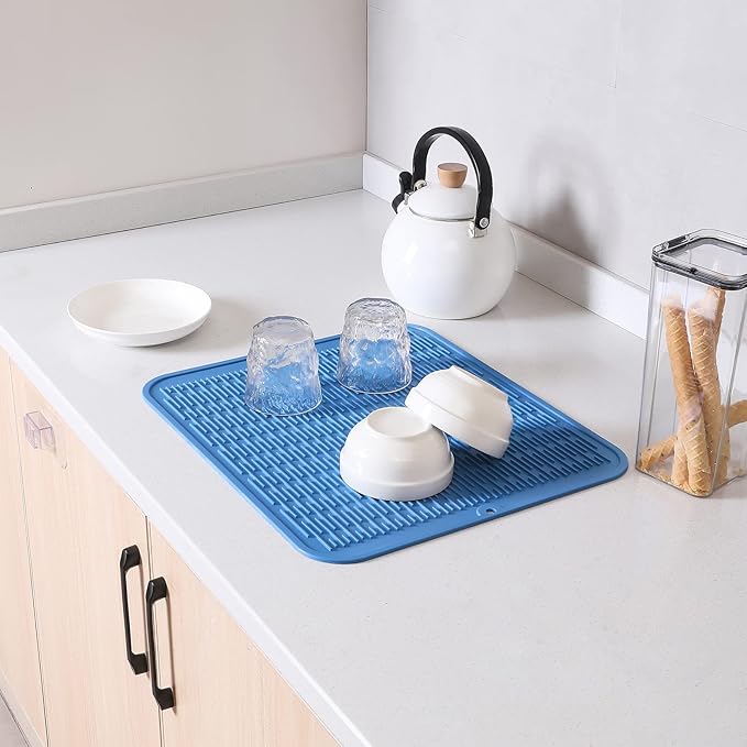 Silicone Dish Drying Mat for Multiple Usage,Easy clean,Eco-friendly,Heat-resistant Silicone Mat for Kitchen Counter or Sink,Refrigerator or Drawer Liner Lichen BlueL XL 18 inches x 16 inches - Bloomnest