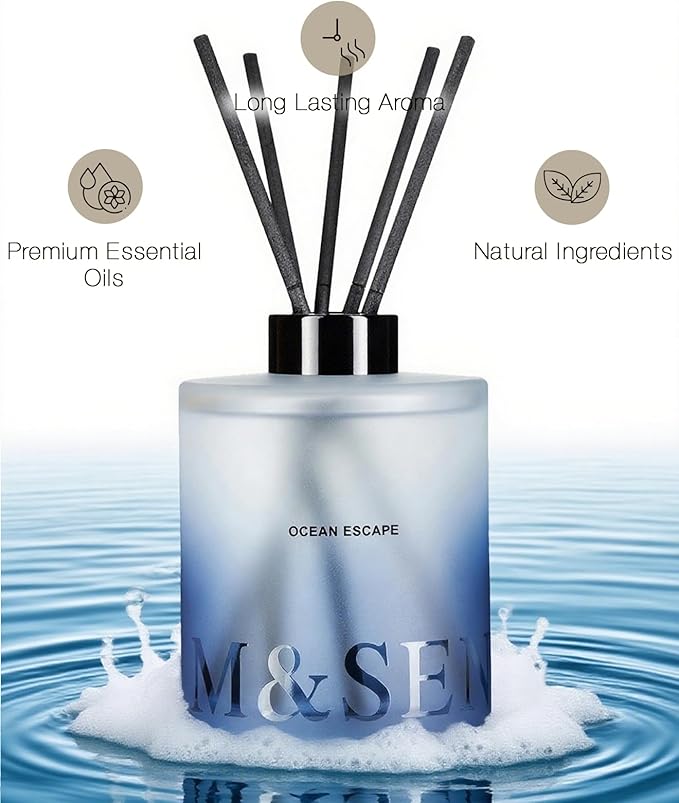M&SENSE Ocean Escape Reed Diffuser Set - 16.9 fl oz Sea Salt Scent Diffuser with Sticks, Large Long-Lasting Fragrance Diffuser, Aromatherapy Diffuser Gift for Summer, Spa & Home Decor MSENSE