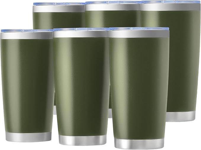 OMTech 20oz Tumblers Bulk, 6pc Stainless Steel Tumbler Set with Lid & Straw, Double Wall Vacuum Insulated Mug for Laser Engraver, Travel Coffee Mug for Hot & Cold Drinks, Army Green Powder Coated Cup - Bloomnest