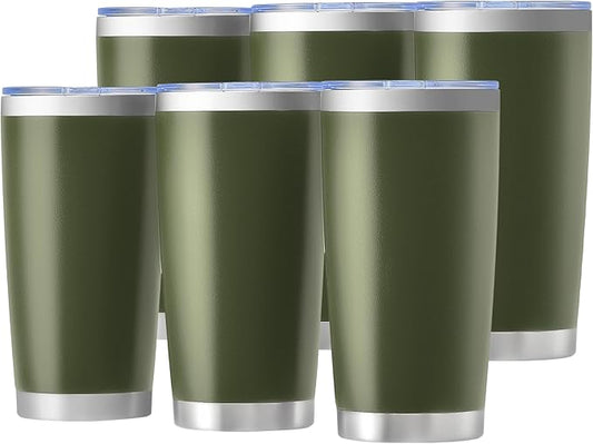 OMTech 20oz Tumblers Bulk, 6pc Stainless Steel Tumbler Set with Lid & Straw, Double Wall Vacuum Insulated Mug for Laser Engraver, Travel Coffee Mug for Hot & Cold Drinks, Army Green Powder Coated Cup - Bloomnest