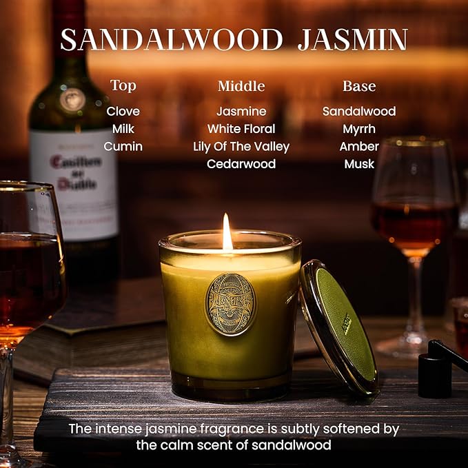 M&SENSE Natural Strong Soy Candle | Sandalwood Jasmine & Green | 9.2 oz, 50H Burn Time | Luxury Candle for Relaxation, Gifting, Home Décor | Ideal for Bedroom, Office, Party Ambiance - Bloomnest