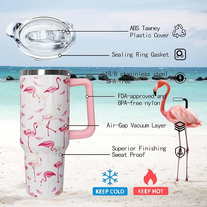 40 oz Pink Flamingo Tumbler with Handle, Lid and Straw - Flamingo Gift for Women - Coffee Mug, Water Bottle - Bloomnest