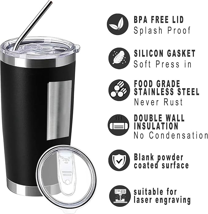 20oz insulted tumblers stainless steel cup Tumbler Bulk with push Lid, and metal straw powder coated coffee cup for cold and hot drinking (12, black) - Bloomnest