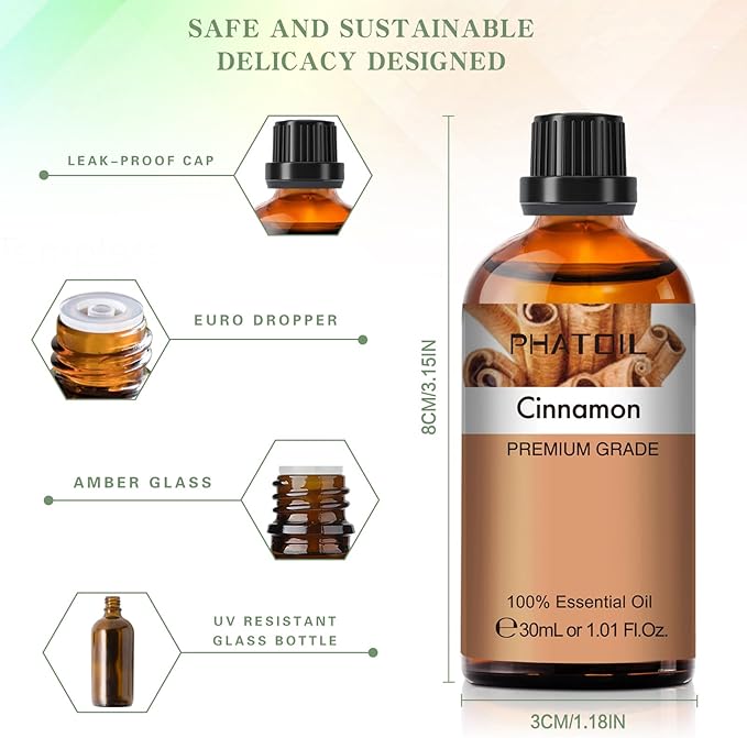 Cinnamon Essential Oil, 1.01Fl.Oz (30ML) PHATOIL Pure Essential Oil Singles for Aromatherapy Diffusers, Humidifiers, Great for DIY Candle and Soap Making, Gift for Friend - Bloomnest
