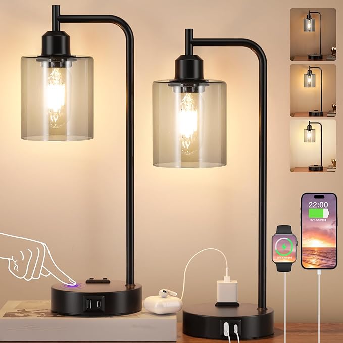 Innqoo Industrial Touch Bedroom Lamps for Bedrooms Set of 2-3-Way Dimmable Table Lamps with USB C+A Ports and Outlet, Bedside Lamps with Gray Glass Shade for Living Room, Desk Lamps for Home Office - Bloomnest