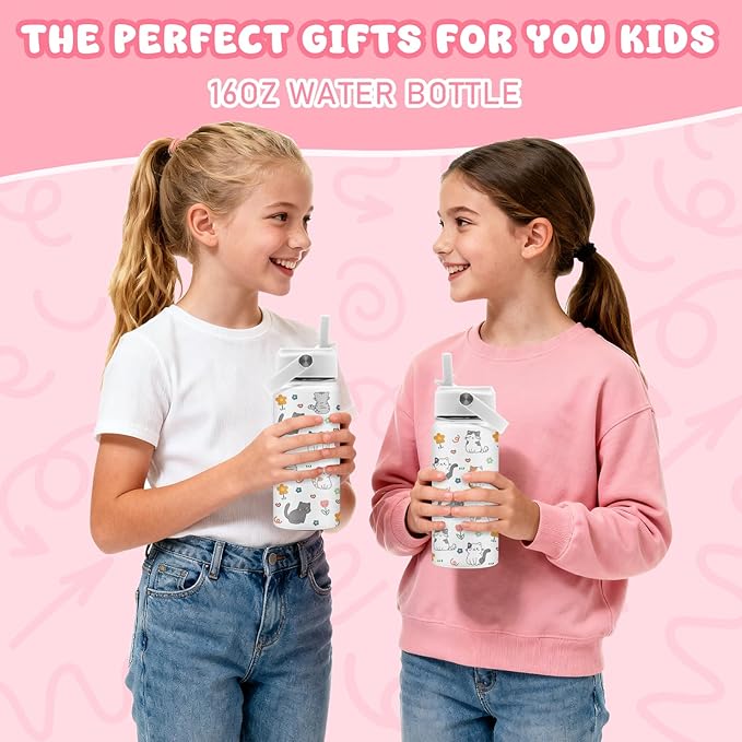 Cat Gifts for Kids, 16oz Cat Water Bottle with Straw Lid, Stainless Steel Insulated Tumbler for Girls, Cats Lovers Present for Kids Teen Girls Boys Women - Bloomnest