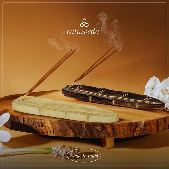 Handmade Wooden Incense Holder - Pack of 2 Incense Holder for Sticks | Double Coloured Leaf Shaped Insence Trays | Natural Mango Wood Insence Holder for Relaxation and Meditation (10 Inch) - Bloomnest