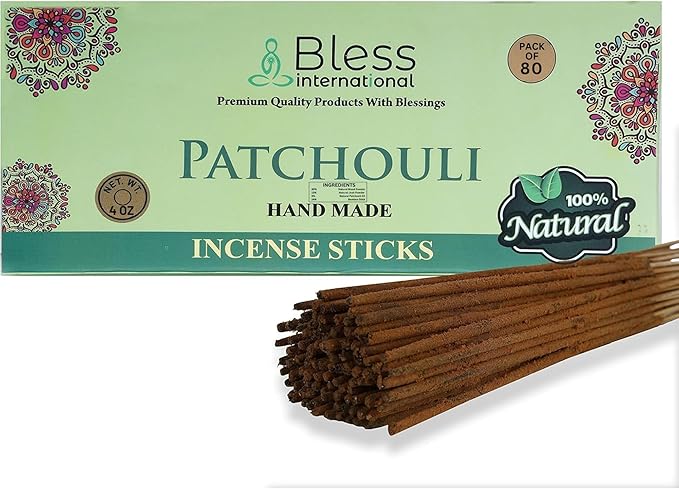 Bless-Patchouli 100%-Natural-Handmade-Hand-Dipped Organic-Chemicals-Charcoal-Free Purification-Relaxation-Positivity-Yoga-Meditation Best-Woods-Scent (80 Sticks (4.20 OZ)) BlessInternational