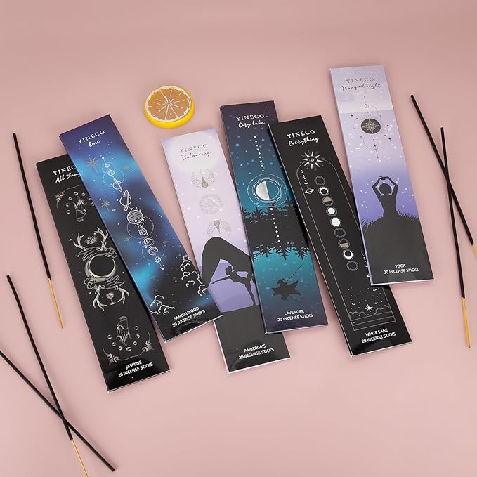Incense Sticks Set of 120-6 Scents (White Sage, Sandalwood, Jasmine, Lavender, Dragon's Blood & Yoga) for Meditation, Relaxation & Positive Aura, Boho Gift Set, Magic Hour (Black)
