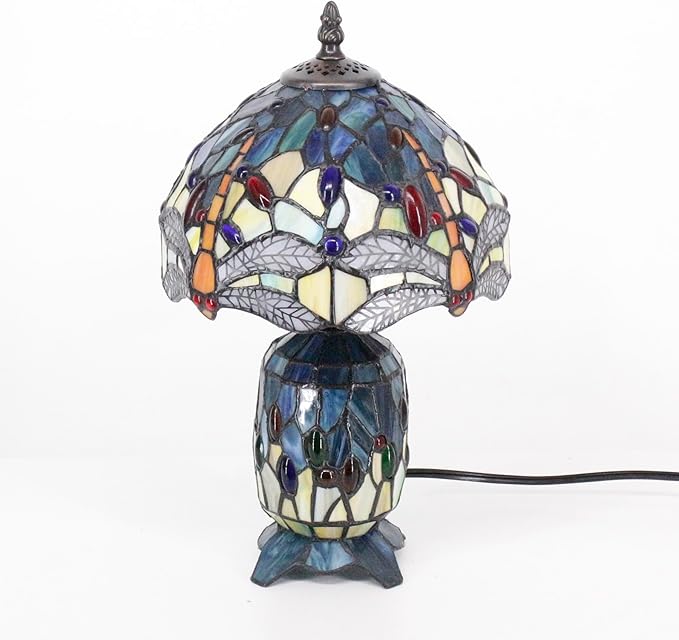 Small Tiffany Lamp Stained Glass Table Lamp Mini Mother Daughter Vase Desk Accent Night Light for Bedroom Bedside Reading Home Antique Style 8X14 Inches (Sea Blue Yellow) - Bloomnest