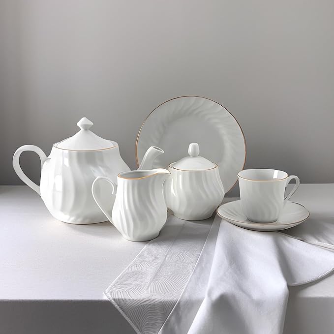 Lynns Porcelain Vintage Teapot with Embossed Swirls 37oz Tea Pot Classic White Tea Set for Parties & Celebrations Ideal Teapot for Tea Cups & Saucers Perfect for Tea Parties - Imperial Gold