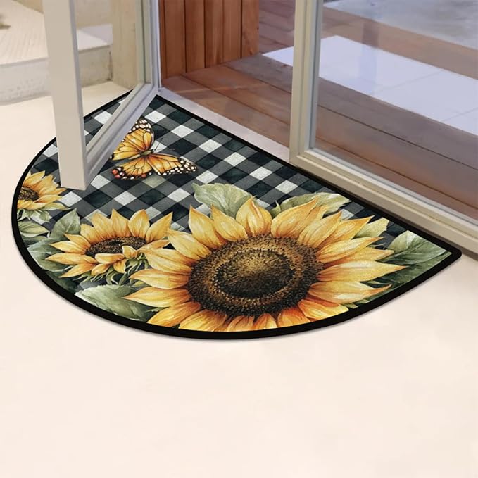 Half Round Door Mat, Butterfly Sunflowers Half Circle Rug for Home Decor Floor Indoor Outdoor Non-Slip Washable Floral Half Moon Rug Doormat 36X24 Inch - Bloomnest