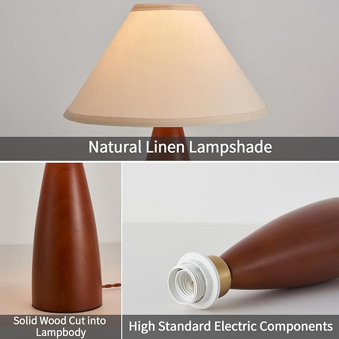 Bedside Table Lamp for Bedroom, Mid-Century Modern Plug in Fabric Shade & Solid Wood Base Desk Lamp, Plug & Play Warm Brown Nightstand Lamp for Living Room, Office, Switch Power Cord 【Bulb Included】 - Bloomnest