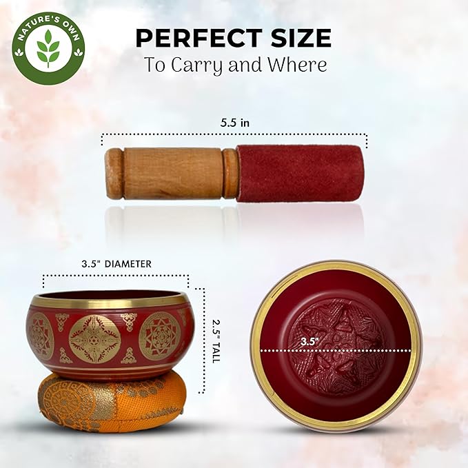 Nature's Own Tibetan Singing Bowl Set- Easy to Play- Meditation Sound Bowl Handcrafted in Nepal for Yoga, Mindfulness, Chakra Healing, Stress Relief- Spiritual Gifts for Women and Men (3.5 Inch, Red) - Bloomnest