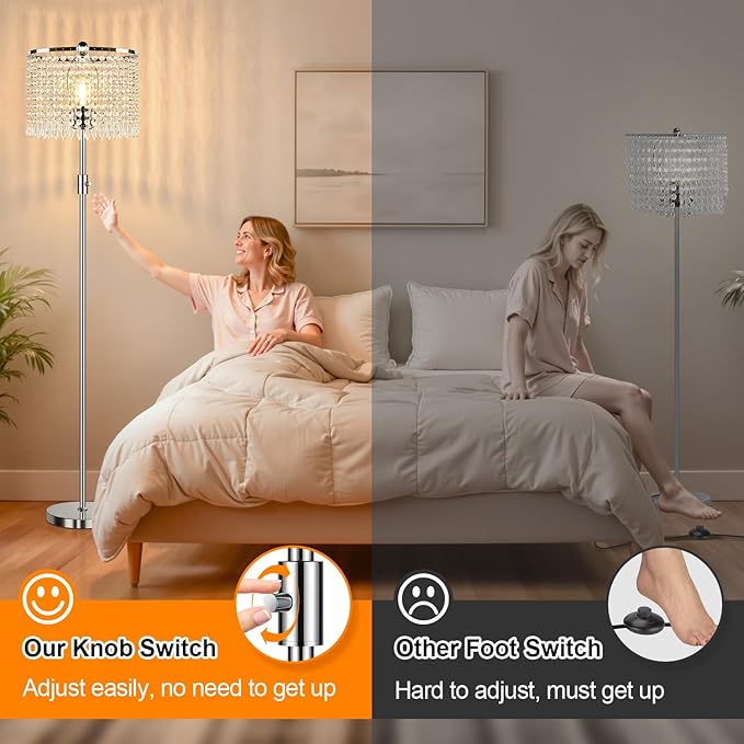 【Upgraded】 Dimmable Floor Lamps for Living Room, 1000LM LED Bulb Included, Standing Lamp with Crystal Lampshade, Tall Silver Pole Light for Bedroom Nursery Office Corner Reading - Bloomnest