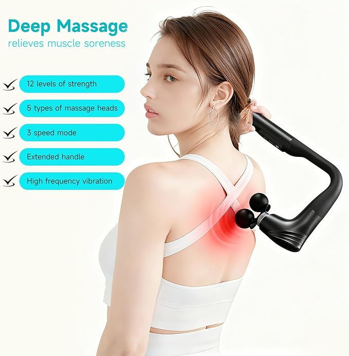 Double-Headed Elbow Massage Gun, Percussion Muscle Massager, Suitable For Sore Muscles In The Back, Shoulders, Waist And Legs, Detachable Extended Handle, 12-Speed Adjustable, 5 Heads Are Replaceable - Bloomnest