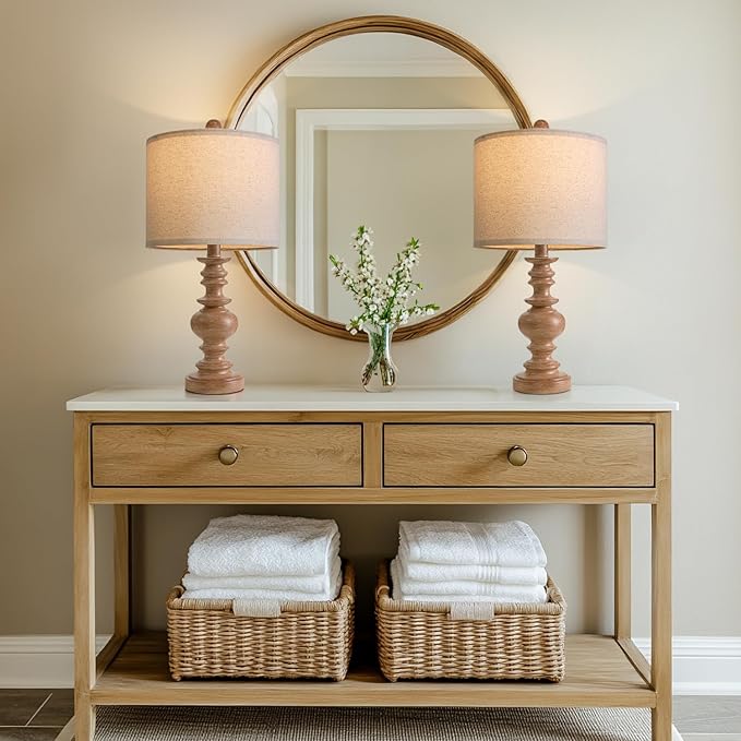 BOBOMOMO 20" Rustic Bedside Lamps Set of 2- Vintage Resin Table Lamps for Nightstands with Linen Shades, Farmhouse Lamps for Living Room, Bedroom, and Hallway (Light Brown) - Ideal for Compact Spaces - Bloomnest
