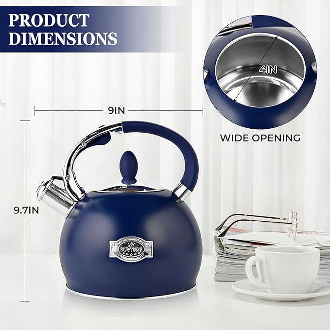 SUSTEAS Stove Top Whistling Tea Kettle - Food Grade Stainless Steel Teakettle Teapot with Cool Touch Ergonomic Handle, With 1 Silicone Pinch Mitt Included, 2.64 Quart,NAVY BLUE - Bloomnest