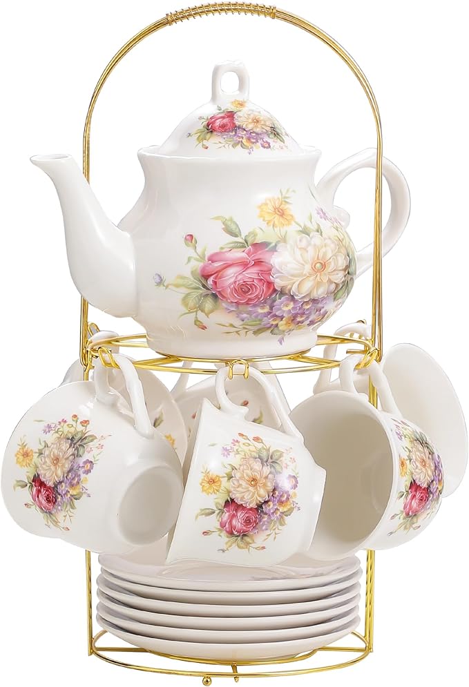 20-Pieces Porcelain Tea Sets For Women, Tea Set For Adult with Golden Metal Rack,Tea Gift Sets for Home&Party(012) - Bloomnest