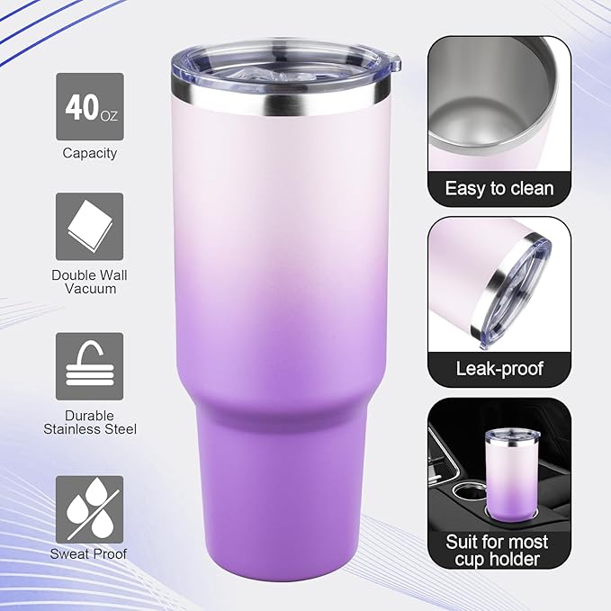 40 oz Tumbler with Lids and Straws Double Wall Vacuum Insulated Tumbler Cup,Stainless Steel Leak-proof Thermal Tumbler Powder Coated Travel Coffee Mug for Cold and Hot Drinks,Gardient Purple - Bloomnest