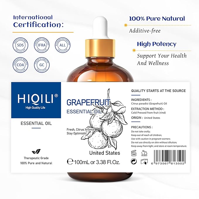HIQILI 100 ml Grapefruit Essential Oil, for Diffuser, Skin Care, 100% Pure and Natural - 3.38 Fl Oz - Bloomnest