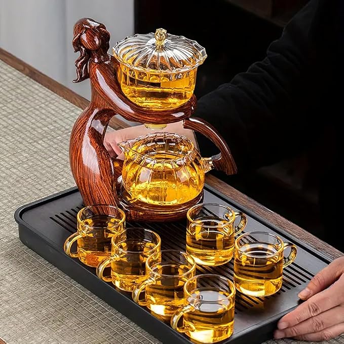 Lazy Kungfu Drip TeaPot, Heat Resistant Tea Set, Semi-Automatic Glass Teapot Suit for Magnetic Water Flow Wooden Glass Teapot Set with Cups (Red Maiden)