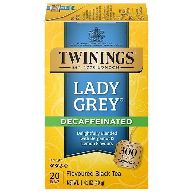 Twinings Decaffeinated Lady Grey Black Tea Individually Wrapped Bags, 20 Count (Pack of 1), Orange Peel & Lemon Peel, Enjoy Hot or Iced, 20 Teabags - Bloomnest