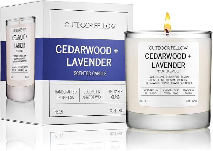 Outdoor Fellow Cedarwood and Lavender Scented Candle, 8oz, Coconut & Apricot Wax Blend, Sweet Orange, Lavender, Cedarwood, Reusable Glass, 40-50 Hour Burn Time - Bloomnest