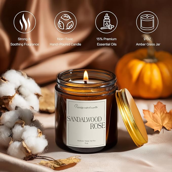 Sandalwood & Rose Scented Candles for Home, Natural Soy Wax Aromatherapy Santal Rose Candle Gifts for Men & Women, Highly Scented & Long Lasting Non Toxic Jar Candle for Stress Relief (9oz) - Bloomnest