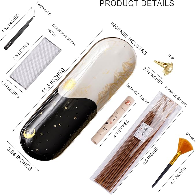 CEREMONY Incense Holder for Sticks, Ceramic Incense Burner with 60 Incense Sticks for Sage Palo Santo, Heat-Resistant Insence-Stick Holder for Backflow Incense Cones Meditation Yoga Spa Room Decor