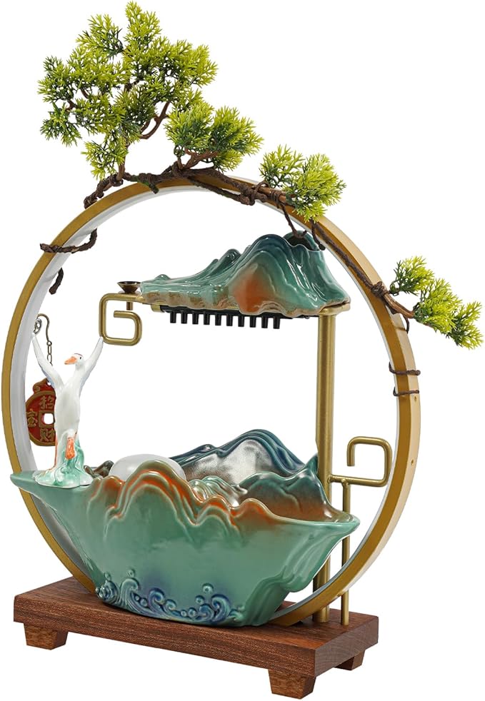 Tabletop Water Fountains, Indoor Water Fall with LED Light Zen Decor for Meditation with Mist, Japanese Decor with Fake Plants Feng Shui Decor for Good Luck Wealth - Bloomnest
