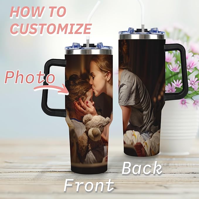 Personalized Tumbler with Handle and Straw, Custom 40oz Tumblers with Picture, Logo, Text, Customized Photo Stainless Steel Travel Coffee Cup for Women Men, Gifts for Birthday Christmas Anniversary - Bloomnest