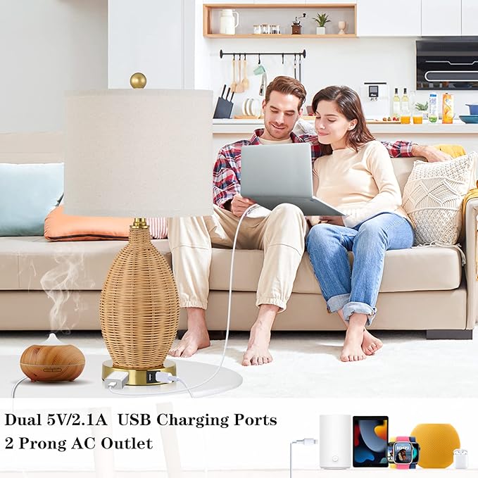 Touch Control Rattan Table Lamps, 3 Way Dimmable Bedside Lamps for Bedroom Set of 2 with 2 USB Ports and AC Outlet, Gold Wicker Nightstand Lamps for Living Room Office (LED Bulbs Included) - Bloomnest